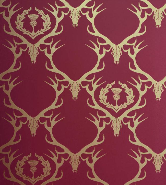 Deer Damask Wallpaper by Barneby Gates in Claret and Gold | Jane Clayton