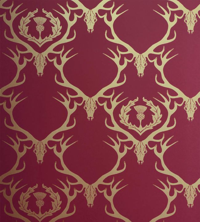 Deer Damask Wallpaper by Barneby Gates in Claret and Gold | Jane Clayton Deer Damask Wallpaper by Barneby Gates in Claret and Gold | Jane Clayton