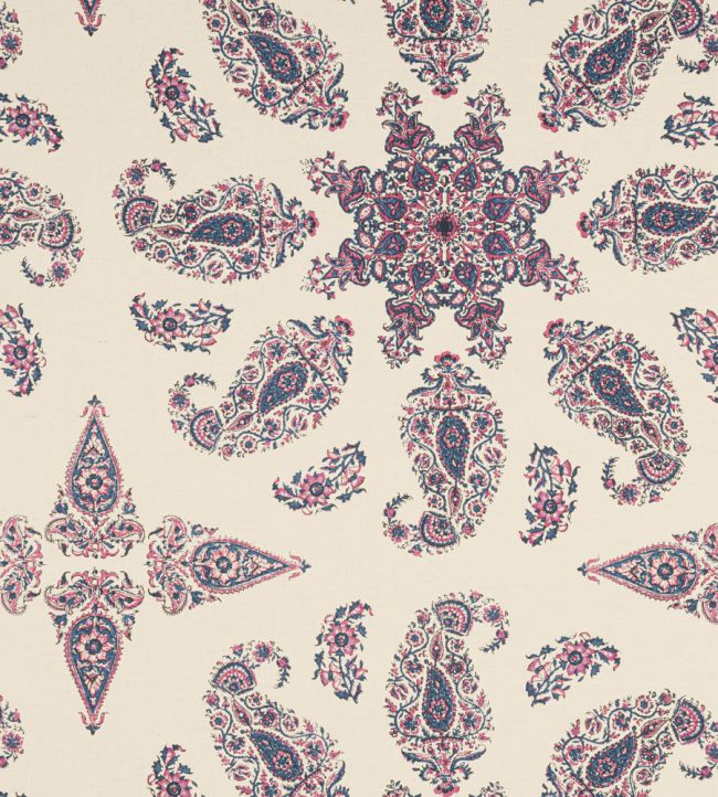 East India Fabric by Thibaut Raspberry and Blue on Natural
