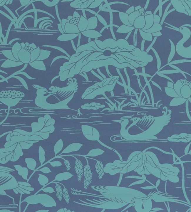 Heron & Lotus Flower Wallpaper by GP & J Baker Teal/Blue