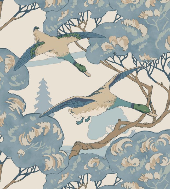 Grand Flying Duck Wallpaper in Blue by Mulberry Home | Jane Clayton