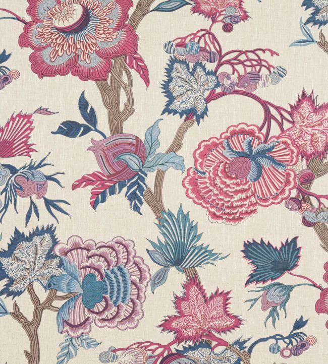 Indienne Jacobean Fabric by Thibaut Raspberry and Blue on Natural