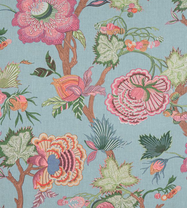 Indienne Jacobean Fabric by Thibaut Raspberry and Teal