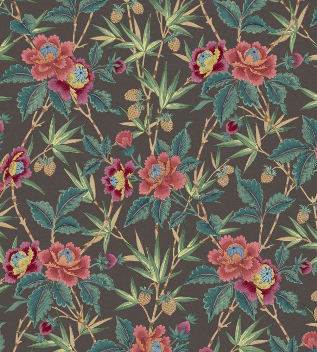 Oriental Peony Fabric by Warner House Charcoal