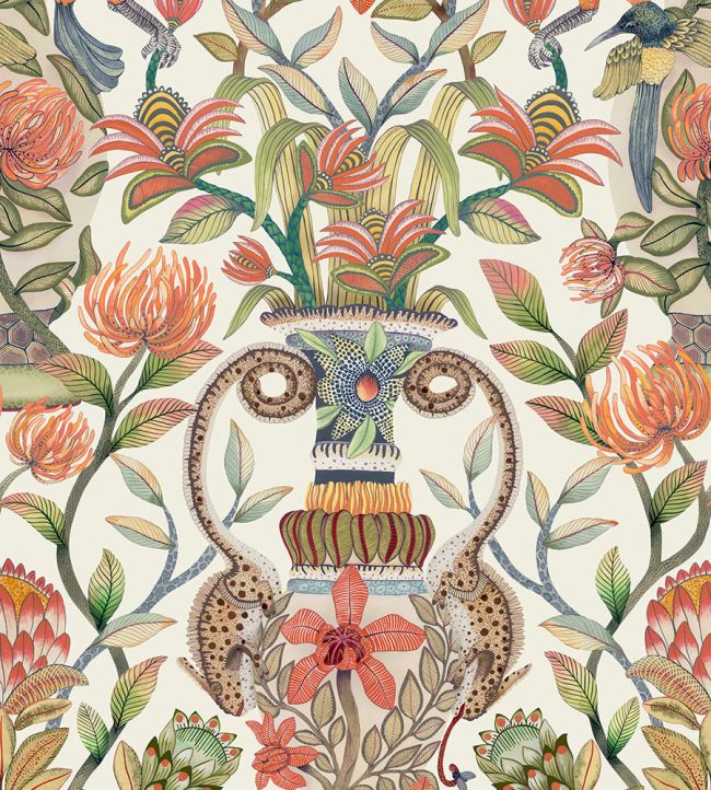 Protea Garden Wallpaper by Cole & Son Olive Green & Tangerine on White