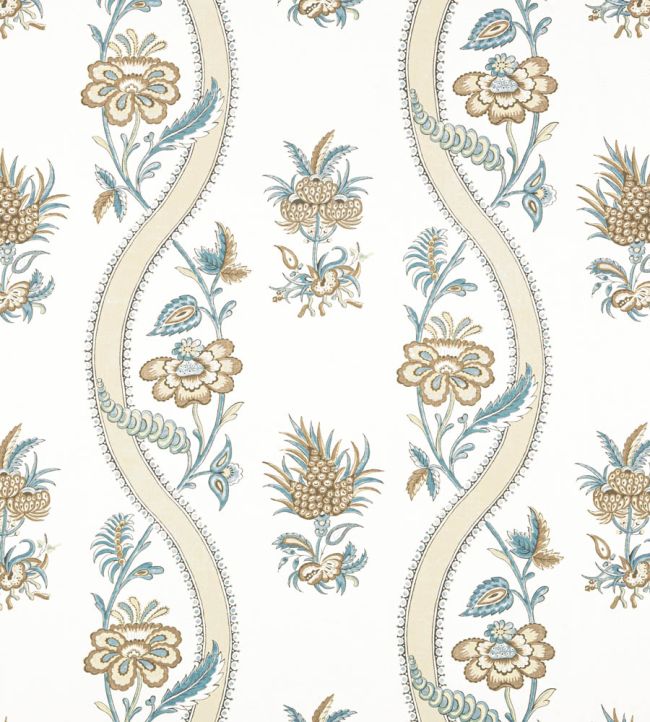 Ribbon Floral Fabric by Thibaut Beige and Spa Blue