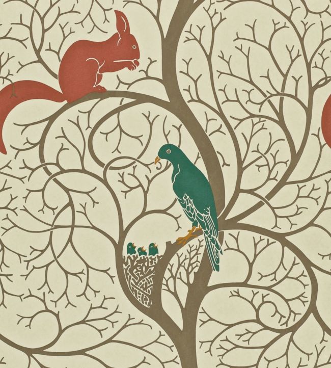 Squirrel & Dove Wallpaper by Sanderson Teal/Red