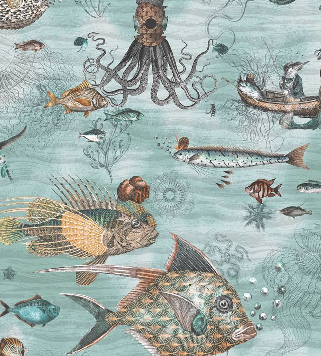 Sea Life Wallpaper in Aqua & Orange by Brand McKenzie | Jane Clayton