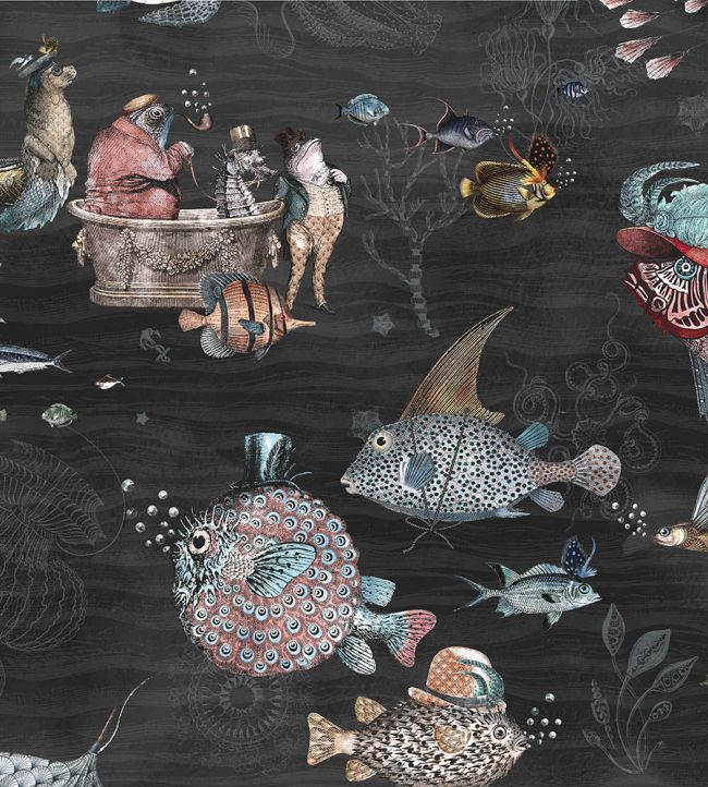 Sea Life Wallpaper in Charcoal & Pink by Brand McKenzie | Jane Clayton