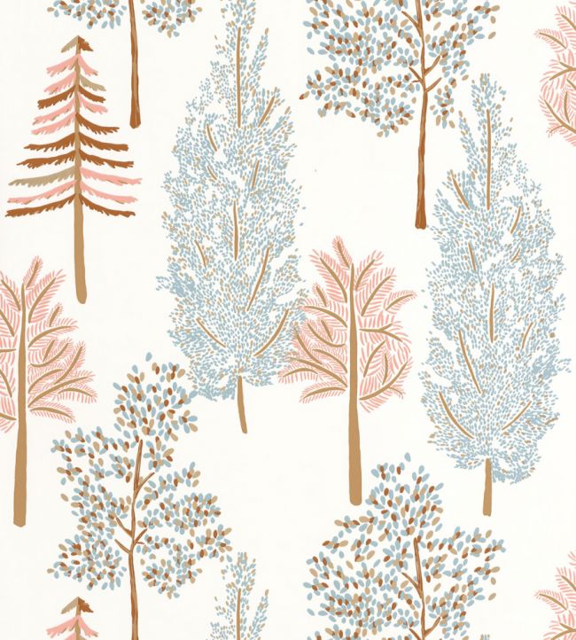 The Tree House Wallpaper by Caselio Ocre Bleu Fond Blanc