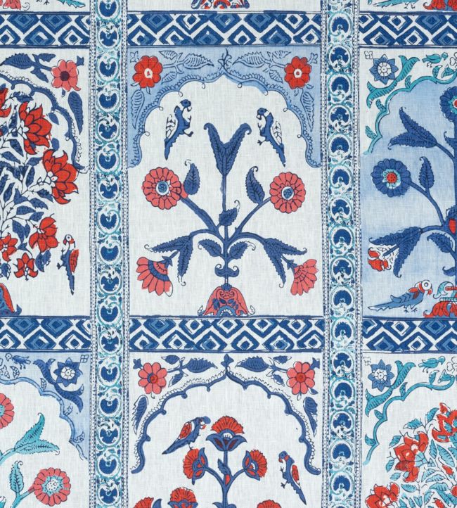 Indian Panel Fabric by Thibaut Coral and Blue