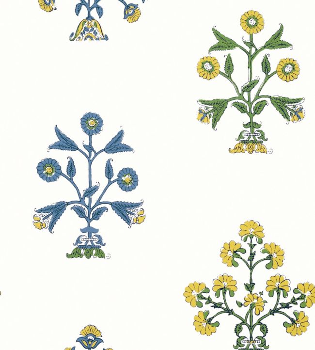 Indian Flower Wallpaper by Thibaut Blue and Yellow