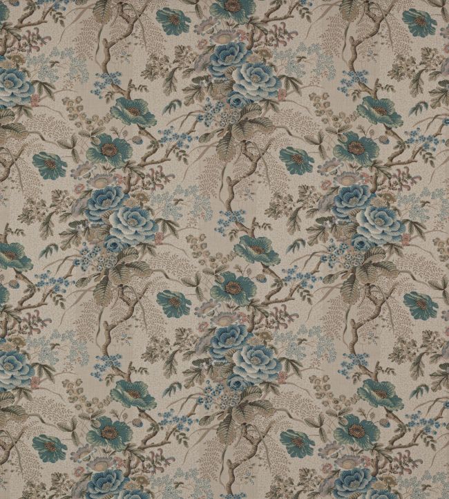Tree Poppy Linen Fabric by Colefax and Fowler Old Blue/Stone
