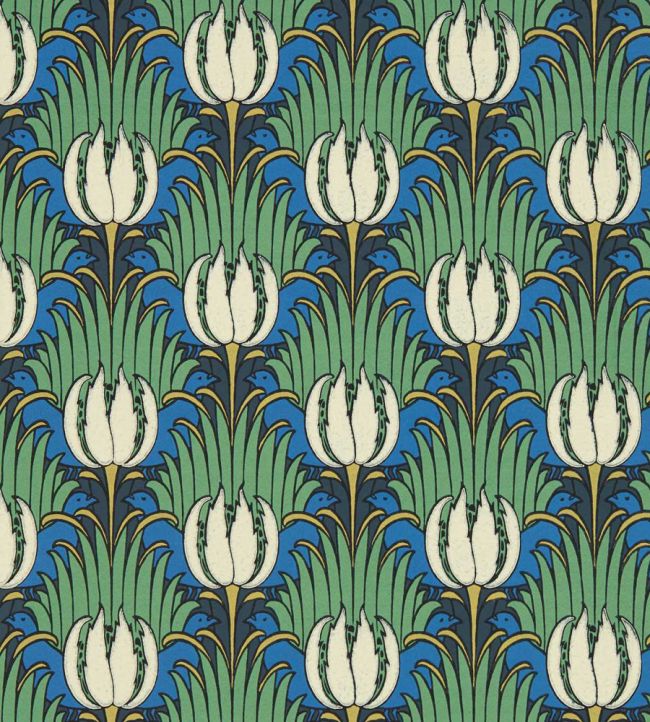 Tulip and Bird Wallpaper in Goblin Green & Raven by Archive | Jane Clayton