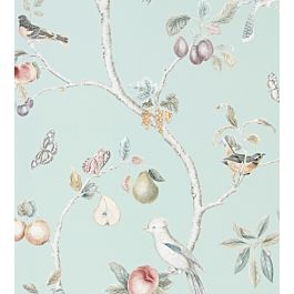 Fruit Aviary Wallpaper by Sanderson in Duck Egg / Multi | Jane Clayton