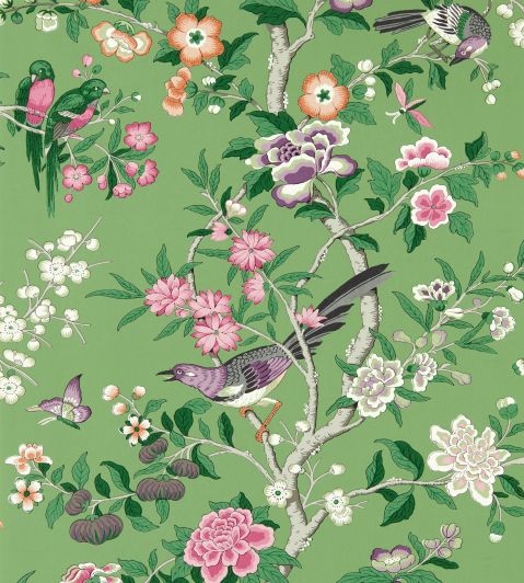 Chinoiserie Hall Wallpaper in Chinese Green / Lotus Pink by Sanderson |  Jane Clayton
