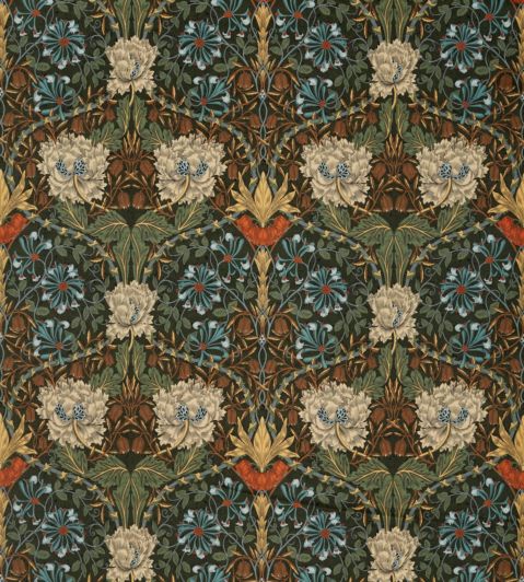 Honeysuckle and Tulip Velvet Fabric by Morris & Co Forest/Chestnut