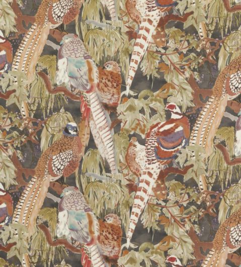 Game Birds Linen Fabric by Mulberry Home Charcoal