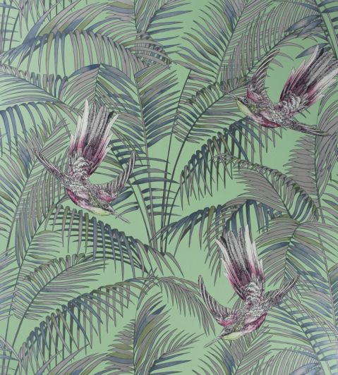 Sunbird Wallpaper by Matthew Williamson Grass, Cerise, Metallic Gilver