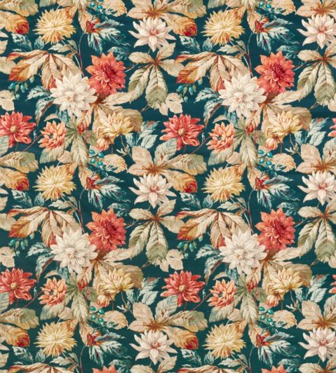 Dahlia And Rosehip Velvets Fabric by Sanderson Teal / Russet