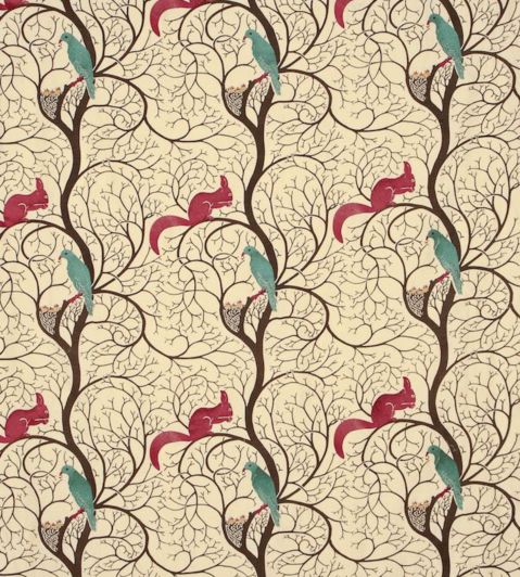 Squirrel & Dove Embroidery Fabric by Sanderson Teal/Red