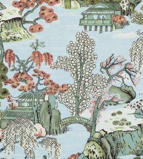 Asian Scenic Fabric by Thibaut Robin's Egg
