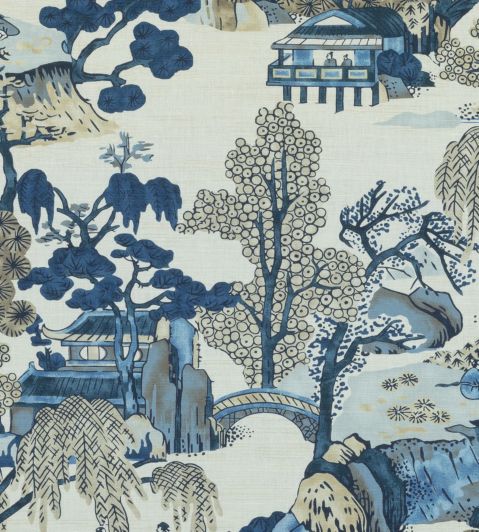 Asian Scenic Fabric by Thibaut Blue and Beige