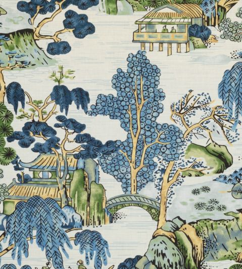 Asian Scenic Fabric by Thibaut Blue and Green
