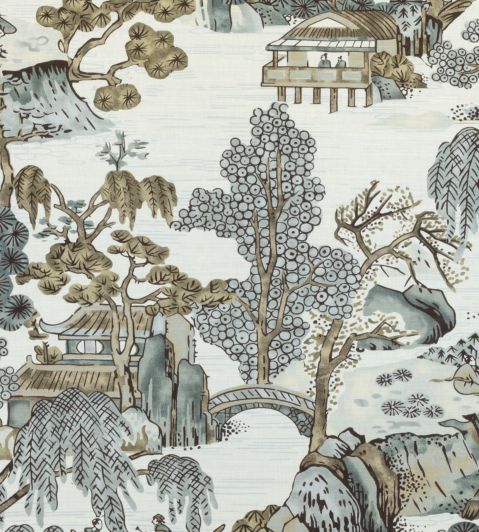 Asian Scenic Fabric by Thibaut Grey
