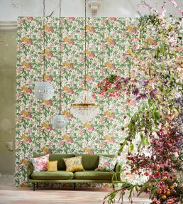 Bamboo & Birds Wallpaper by Sanderson Mandarin Red / Olive