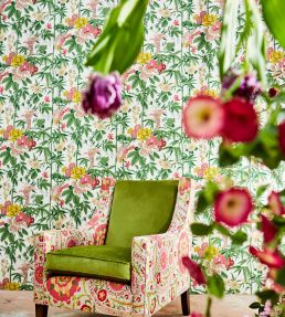 Bamboo & Birds Wallpaper by Sanderson Mandarin Red / Olive