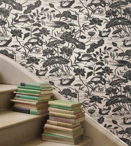 Heron & Lotus Flower Wallpaper by GP & J Baker Teal/Blue