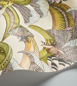 Hoopoe Leaves Wallpaper by Cole & Son Olive Chartreuse & Fuchsia on Cream
