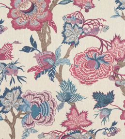 Indienne Jacobean Fabric by Thibaut Raspberry and Blue on Natural
