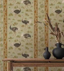 Ostrich Stripe Wallpaper by Josephine Munsey Olive and Orange