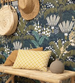 Palmeraie Wallpaper by Caselio Bleu Nuit Olive