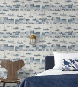 Postcard to Inger Wallpaper by Mini Moderns Washed Denim