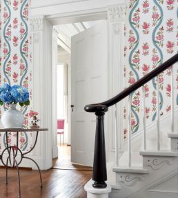 Ribbon Floral Wallpaper by Thibaut Beige and Spa Blue