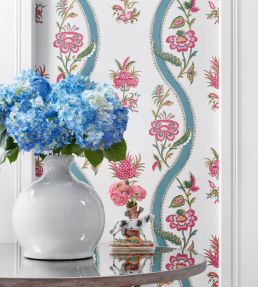 Ribbon Floral Wallpaper by Thibaut Beige and Spa Blue