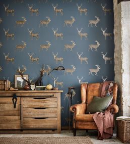 Evesham Deer Wallpaper by Sanderson Silver Grey