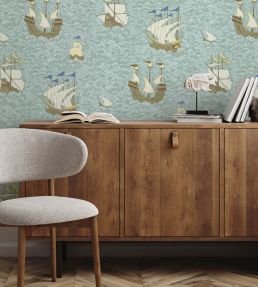 Ships Wallpaper by Josephine Munsey Light Blue
