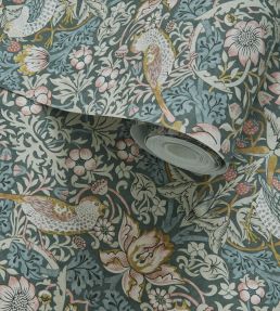 Strawberry Thief Wallpaper by Clarke & Clarke Slate/Blush