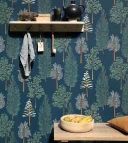 The Tree House Wallpaper by Caselio Ocre Bleu Fond Blanc