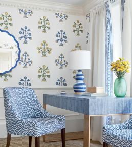 Indian Flower Wallpaper by Thibaut Blue and Yellow