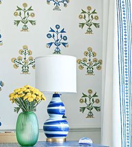 Indian Flower Wallpaper by Thibaut Blue and Yellow
