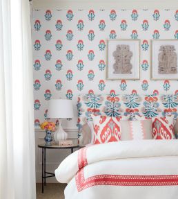 Tybee Bud Wallpaper by Thibaut French Blue and Coral