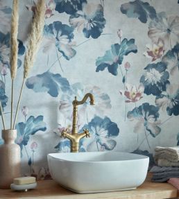 Water Lilies Wallpaper by 1838 Wallcoverings Blue Dusk