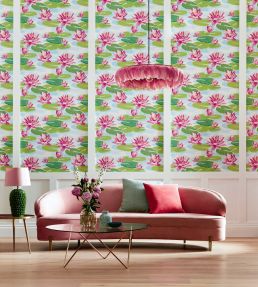 Waterlily Wallpaper by Ohpopsi Duck Egg & Coral