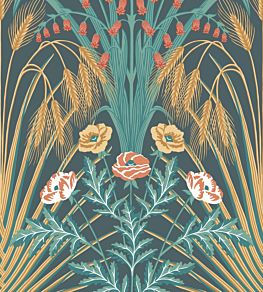 Bluebell Wallpaper by Cole & Son Teal,  Gold & Coral on Petrol