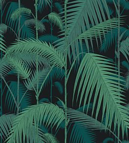 Palm Jungle Fabric by Cole & Son Viridian, Petrol on Black